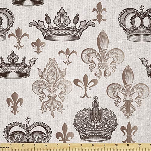 Lunarable Fleur De Lis Fabric by The Yard, Crowns and Fleur-de-Lis Shapes in Engraved Style Fame Symbolic Artwork Print, Microfiber Fabric for Arts and Crafts Textiles & Decor, 1 Yard, Beige Tan