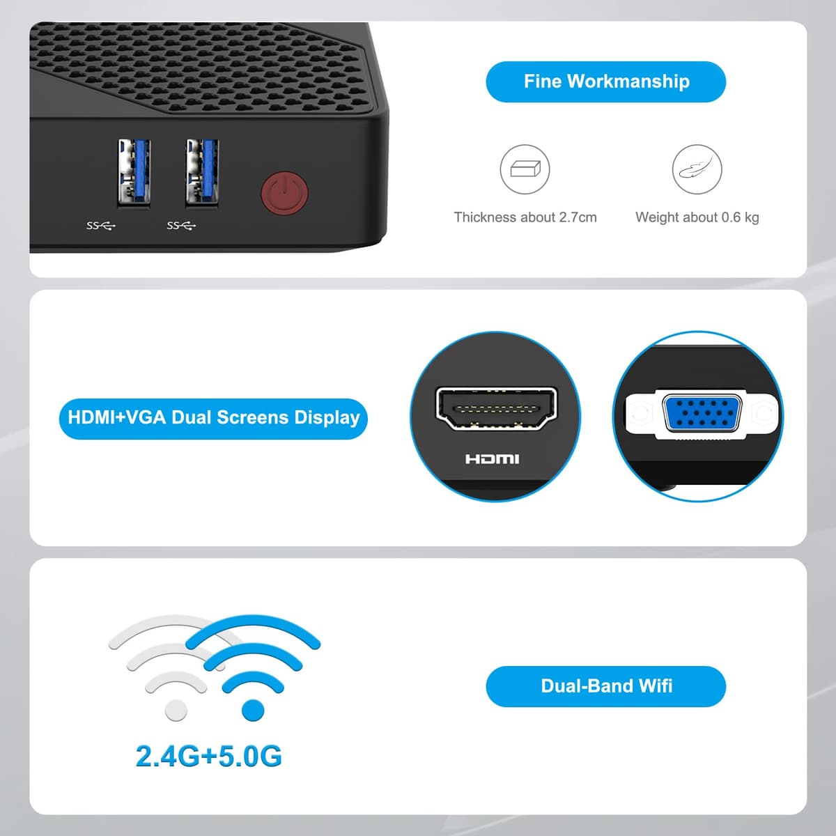 MINISFORUM Mini PC Fanless 4GB DDR4/64GB eMMC Procesador Intel Celoren N4020 Mini computadora de Escritorio,Puerto HDMI y VGA,WiFi de Doble Banda 2.4+5.0G,BT,USB 3.0 * 3 — view 2