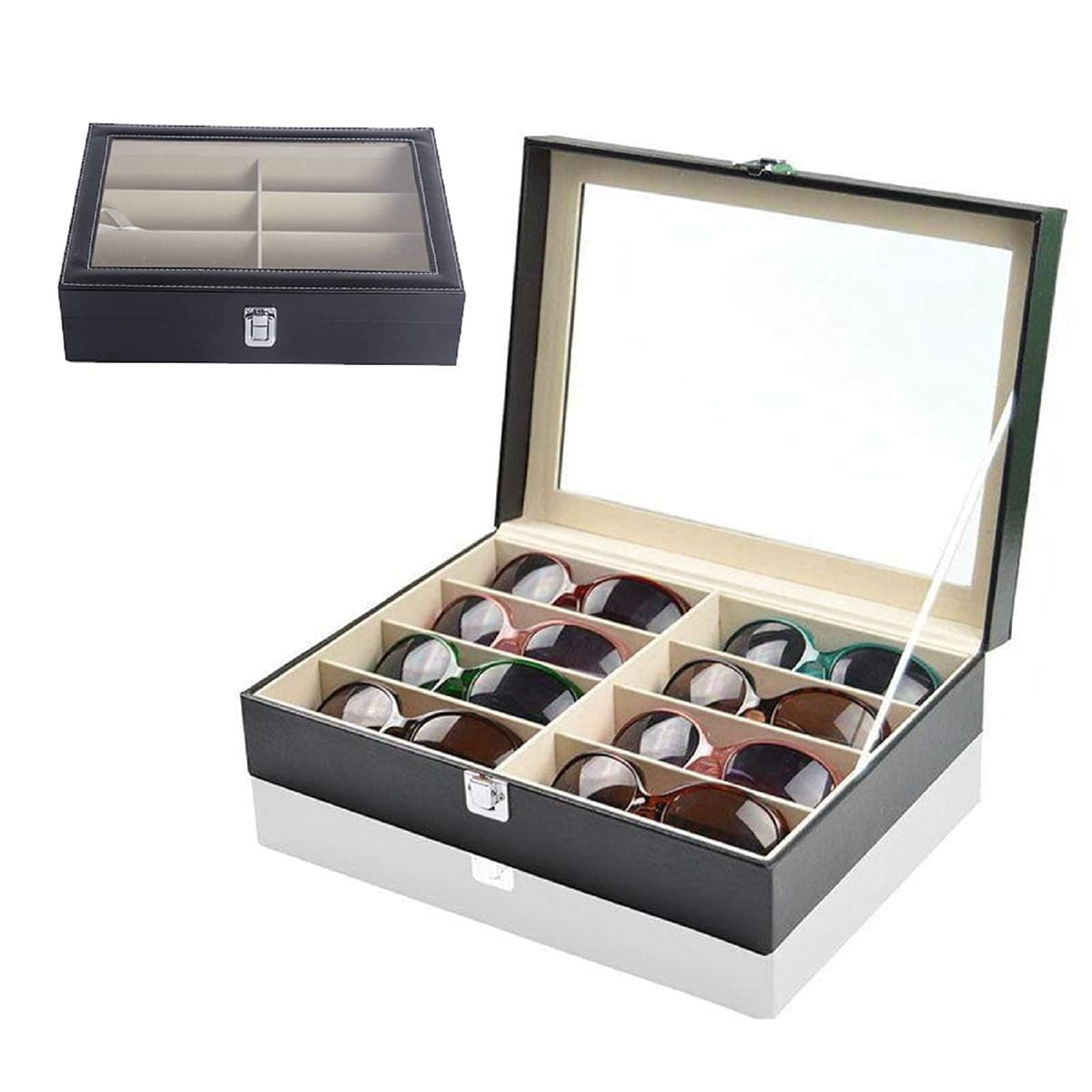 KingSaid Caja Organizadora de Gafas con Tapa de Cristal y Cajones – Estuche Expositor de Gafas de Sol y Joyas, Cuero Sintético Premium, Gran Capacidad, para Hombre y Mujer (Una planta) — view 4