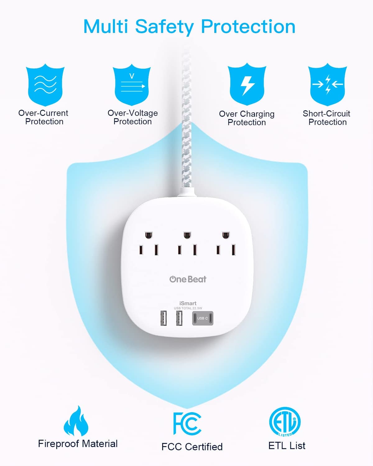 One Beat Flat Plug Power Bar with USB C, 6FT Ultra-Thin Extension Cord, 3 Outlet with 4 USB Ports (2 USB C) Desktop Charging Station, No Surge Protection for Cruise Ship, Travel Essentials, Dorm Room — view 7