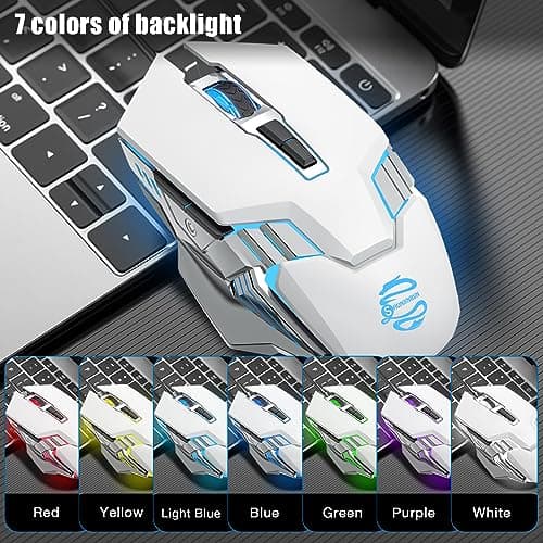 Wireless Mouse Gaming Bluetooth Mouse, Quiet Click, 800mAh Durable Rechargeable Battery, Multi Device, 7 Buttons,Light up Computer Mice for Laptop PC iPad Tablet MacBook Office Gamer - White — view 3