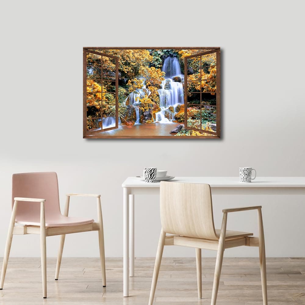 TISHIRON 3D Open Wooden Window Wall Art Canvas Waterfall View Print Paintings Framed Home Decor Paintings to Hang on Walls for Living Room Bathroom Ready to Hang 24x36inch — view 3