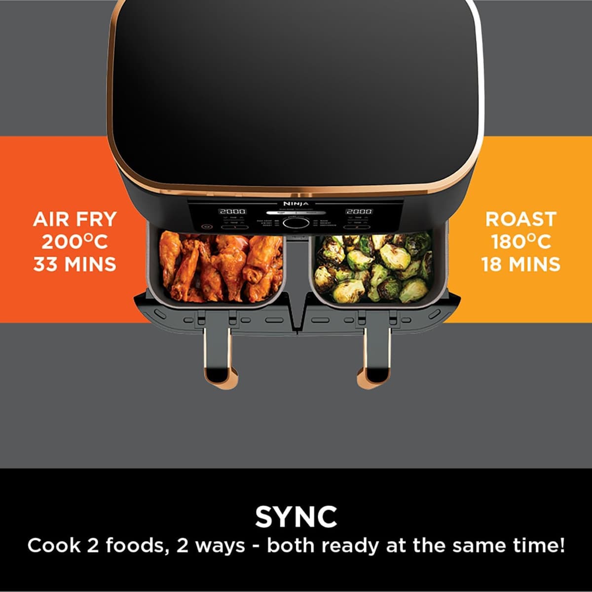 Ninja Foodi MAX Dual Zone Air Fryer, Amazon Exclusive, Tongs, 2 Drawers, 9.5L, 6-in-1, Use No Oil, Air Fry, Max Crisp, Roast, Bake, 8 Portions, Nonstick Dishwasher Safe Baskets, Copper/Black AF400UKCP — view 3