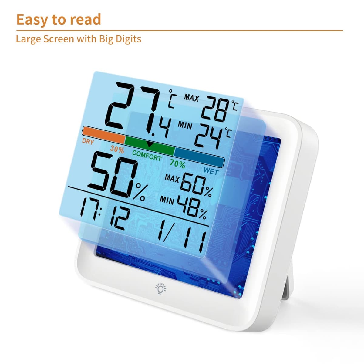 NOKLEAD Higrómetro Termómetro para interiores - Medidor digital de humedad de la habitación Medidor de monitor de temperatura preciso Registros máximos/mínimos, LCD táctil con reloj retroiluminado — view 8