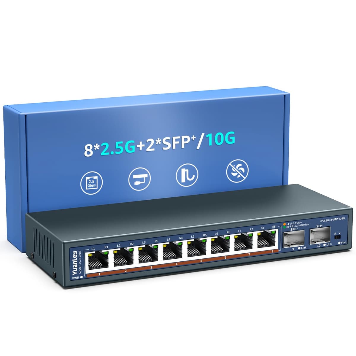 Switch Ethernet No Gestionado de 10 Puertos 2,5G, 8 Puertos 2,5G Base-T, 2 x 10G SFP, Compatible con 100/1000/2500Mbps, Montaje en Parede, Switch de Red YuanLey 2,5Gbe para Ap Inalámbrico, NAS, PC