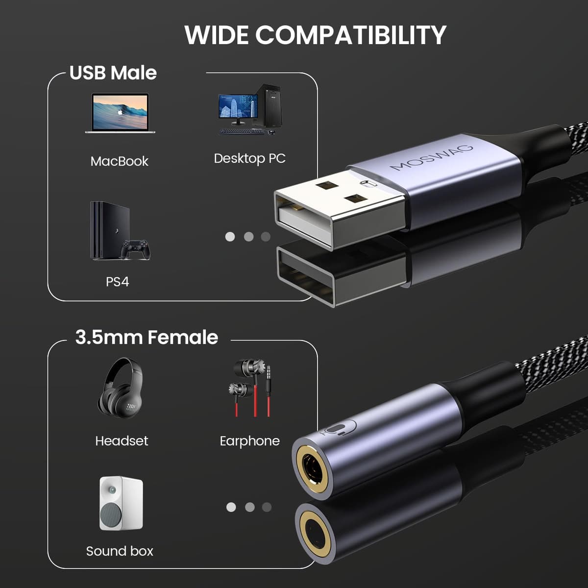 MOSWAG USB to 3.5mm Audio Adapter Built-in DAC External Sound Card Nylon Braided Aluminum Shell for PC Laptop PS5 PS4 Mac Linux Chromebook 1Pack — view 6