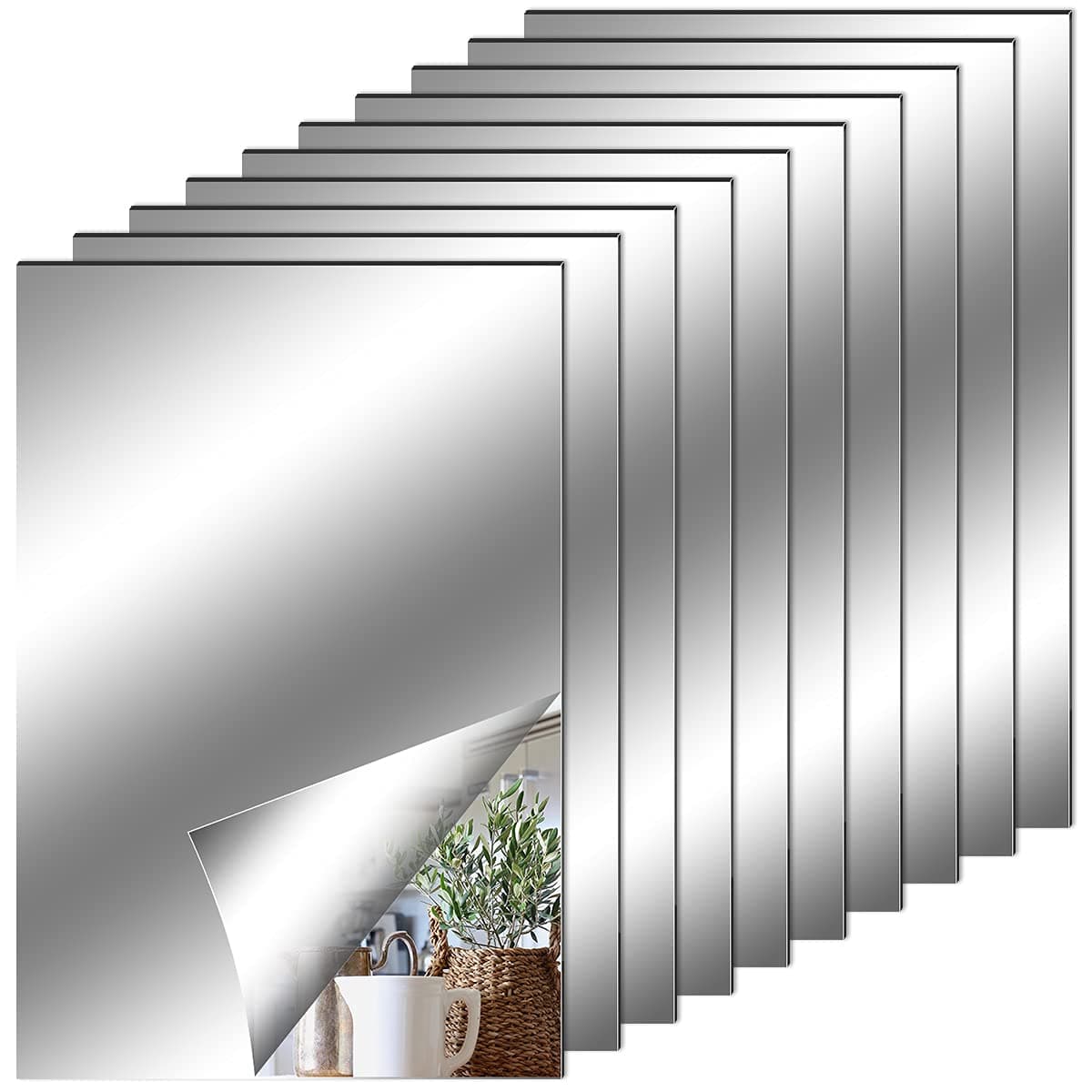 10 Pack Self Adhesive Mirror Tiles, 6 x 6inch(2mm Thick) Flexible Non Glass Stick on Mirror Stickers for Home Wall Decoration — view 8