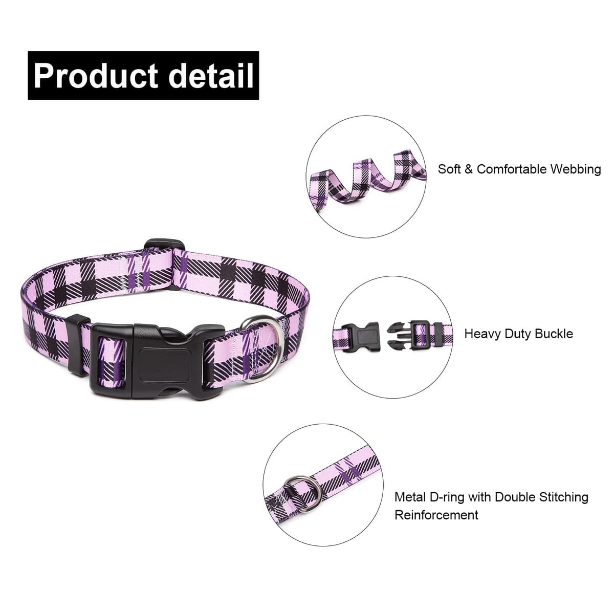 Adjustable Nylon Dog Collar with Patterns, Soft Comfy Pet Collar for Small Medium Large Dogs (S, Purple Plaid) — view 3