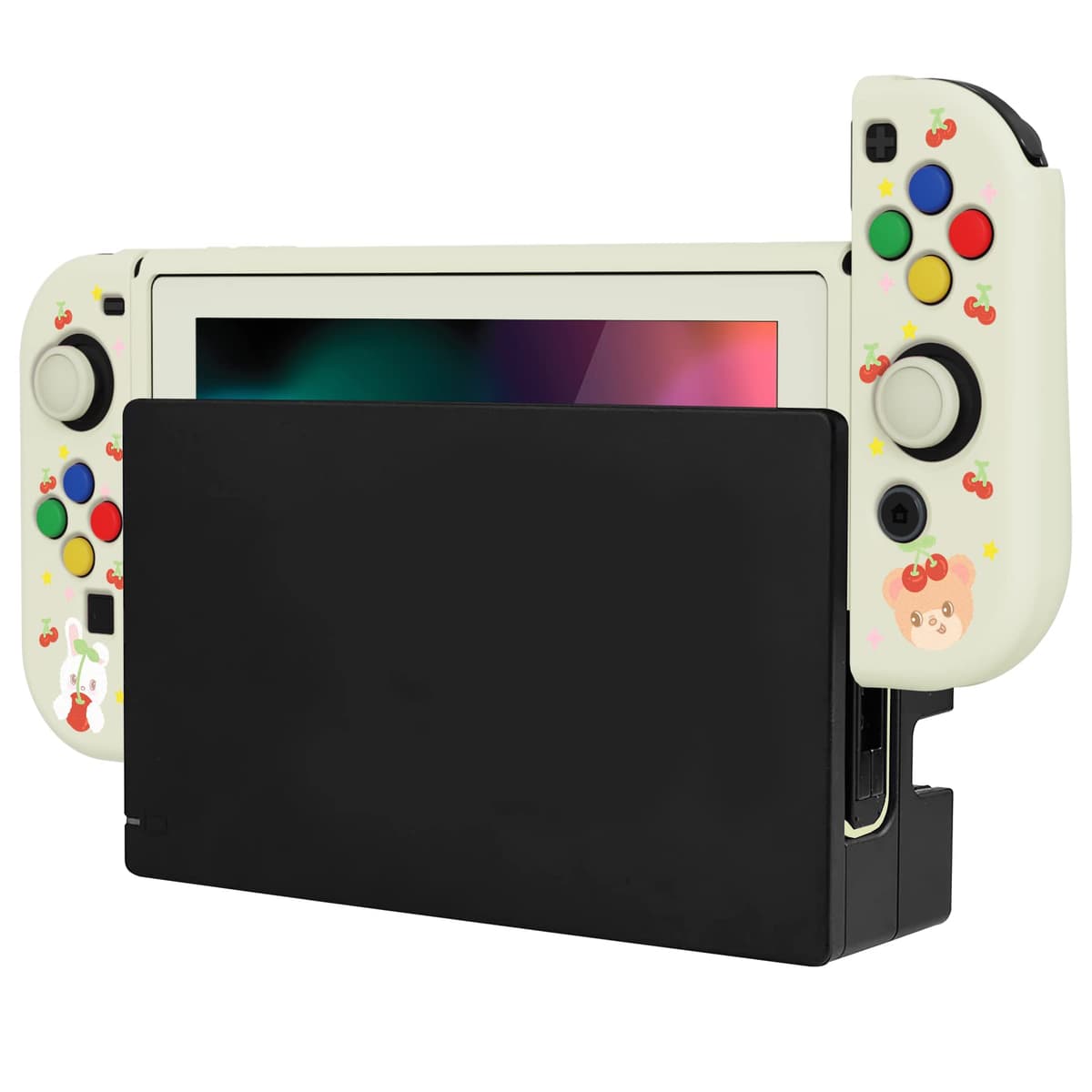 playvital ZealProtect Soft Protective Case for Nintendo Switch, Flexible Cover Protector for Switch with Screen Protector & Thumb Grip Caps & ABXY Direction Button Caps - Cherry Bunny & Cherry Bear — view 8