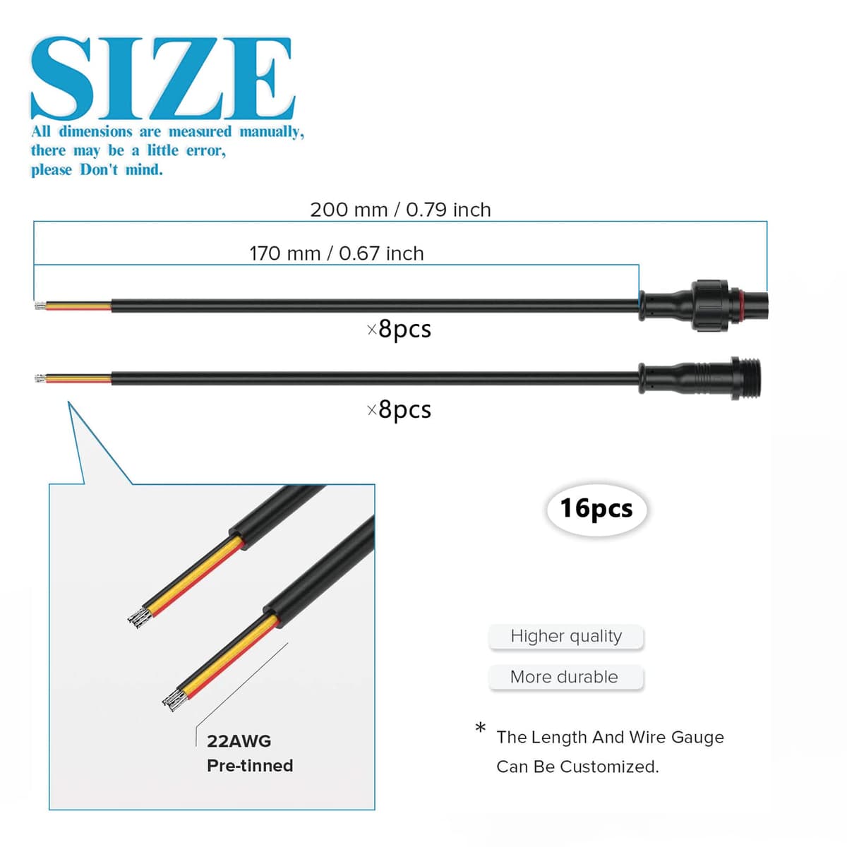 GZLFH Conectores estancos, 8 Pares de enchufes de 3 Pines, Conectores Impermeables IP65 con Cable de extensión 16AWG 20CM para focos solares, lámparas de jardín, Tiras de luz LED