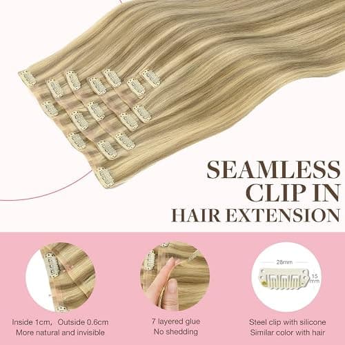 GOO GOO Seamless Clip in Hair Extensions Human Hair, 20inch 110g 7Pcs, #16/22 Light Blonde Highlighted Golden Blonde, Hair extensions for women, Human Hair Extensions Clip in — view 2