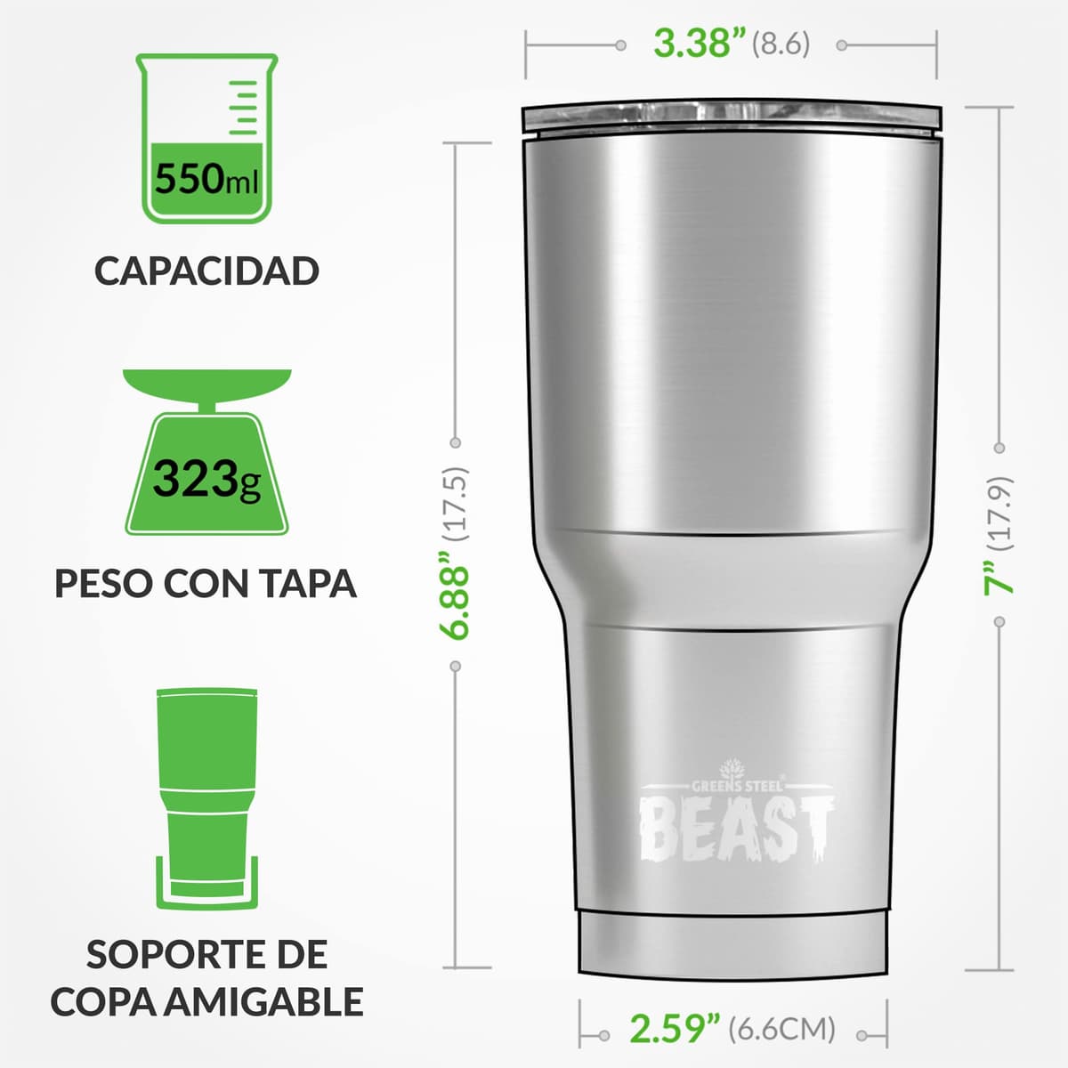Greens Steel Beast Tumbler – 550 ml (20 oz), Coral | Vaso de acero inoxidable reutilizable con aislamiento al vacío | con 2 pajitas y cepillo de limpieza | Termo de viaje de doble pared — view 5