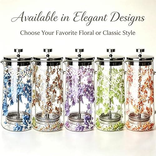 Briclis Glass French Press Coffee Maker 34oz, Embedded Dried Flower Double Wall Borosilicate Coffee Press, No Plastic, 4-Level Stainless Steel Filter for Tea & Cold Brew, Cute Decorative Design — view 6