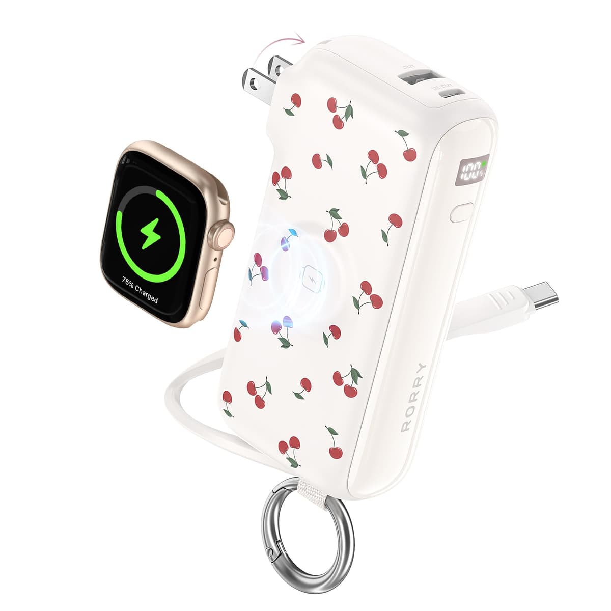 RORRY Flow Portable Charger, 10000mAh 40W Fast Charging Power Bank with Built-in USB C Cable and Foldable Wall Plug, Battery Pack Travel Essentials for iPhone 17/16/15, Apple Watch, iPad, MacBook — view 10