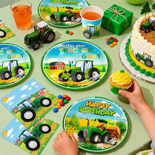Tractor Birthday Party Decorations Supplies, 16 Guests Tractor Party Tableware Set Includes Tractor Plates Tablecloth Backdrop Balloons Cake Toppers etc Tractor Birthday Party Supplies — view 3