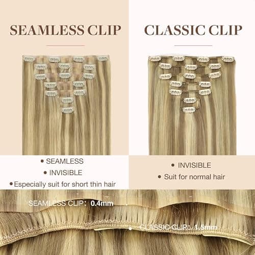GOO GOO Seamless Clip in Hair Extensions Human Hair, 20inch 110g 7Pcs, #16/22 Light Blonde Highlighted Golden Blonde, Hair extensions for women, Human Hair Extensions Clip in — view 3