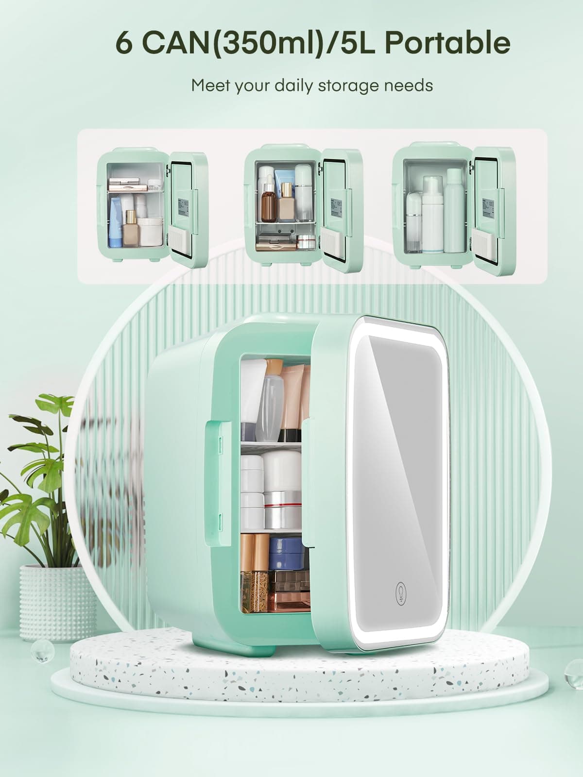 FOHERE Mini Fridge for Bedrooms, 5L/6 Can Portable Skincare Fridge with Dimmable LED Light Mirror, Cooler & Warmer for Food, Drinks and Cosmetic (Green) — view 3