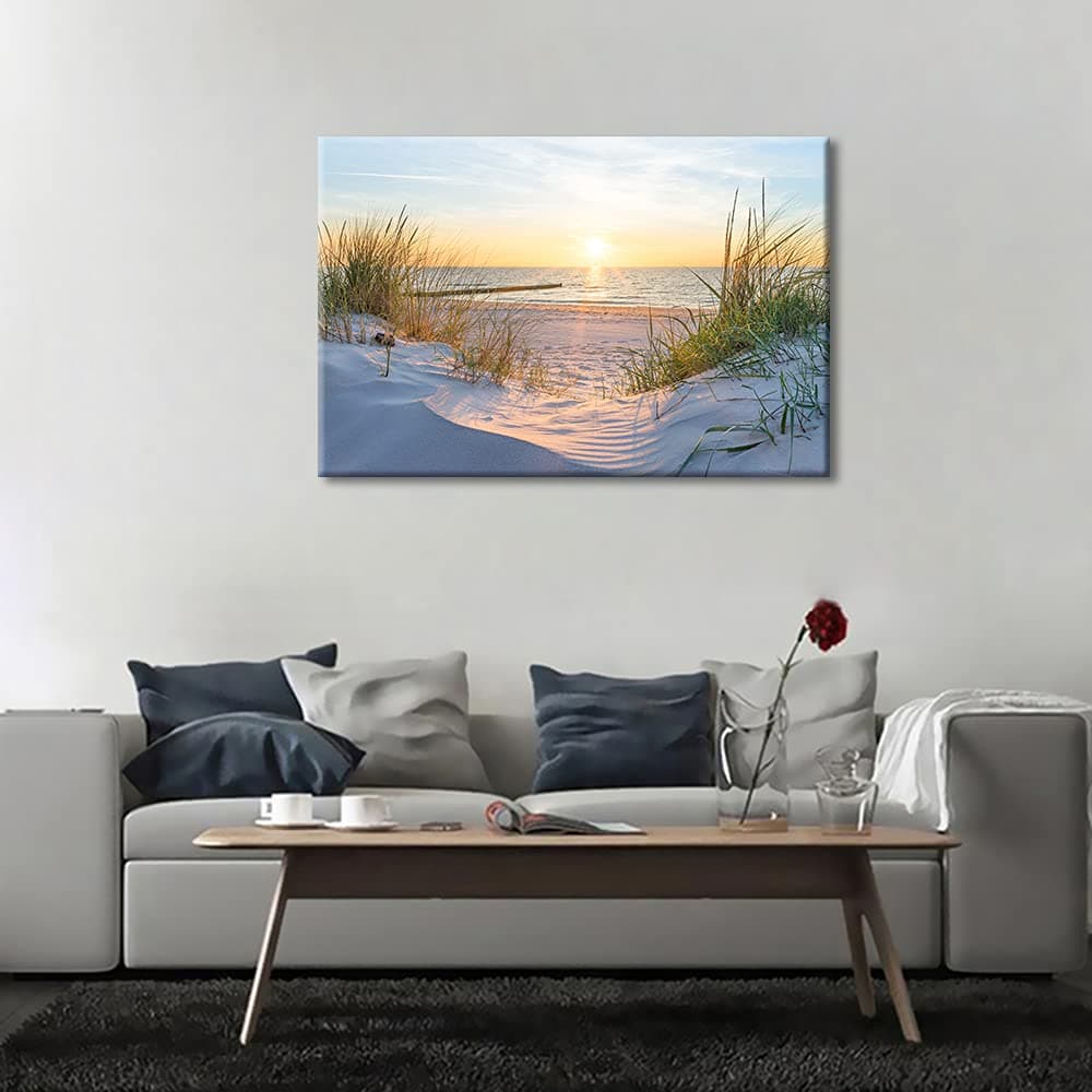 TISHIRON Wall Art Sandy Beach Sunrise Pictures Painting on Canvas Wall Art Modern Framed Seaside Canvas Prints Ready To Hang(18X12in) — view 5