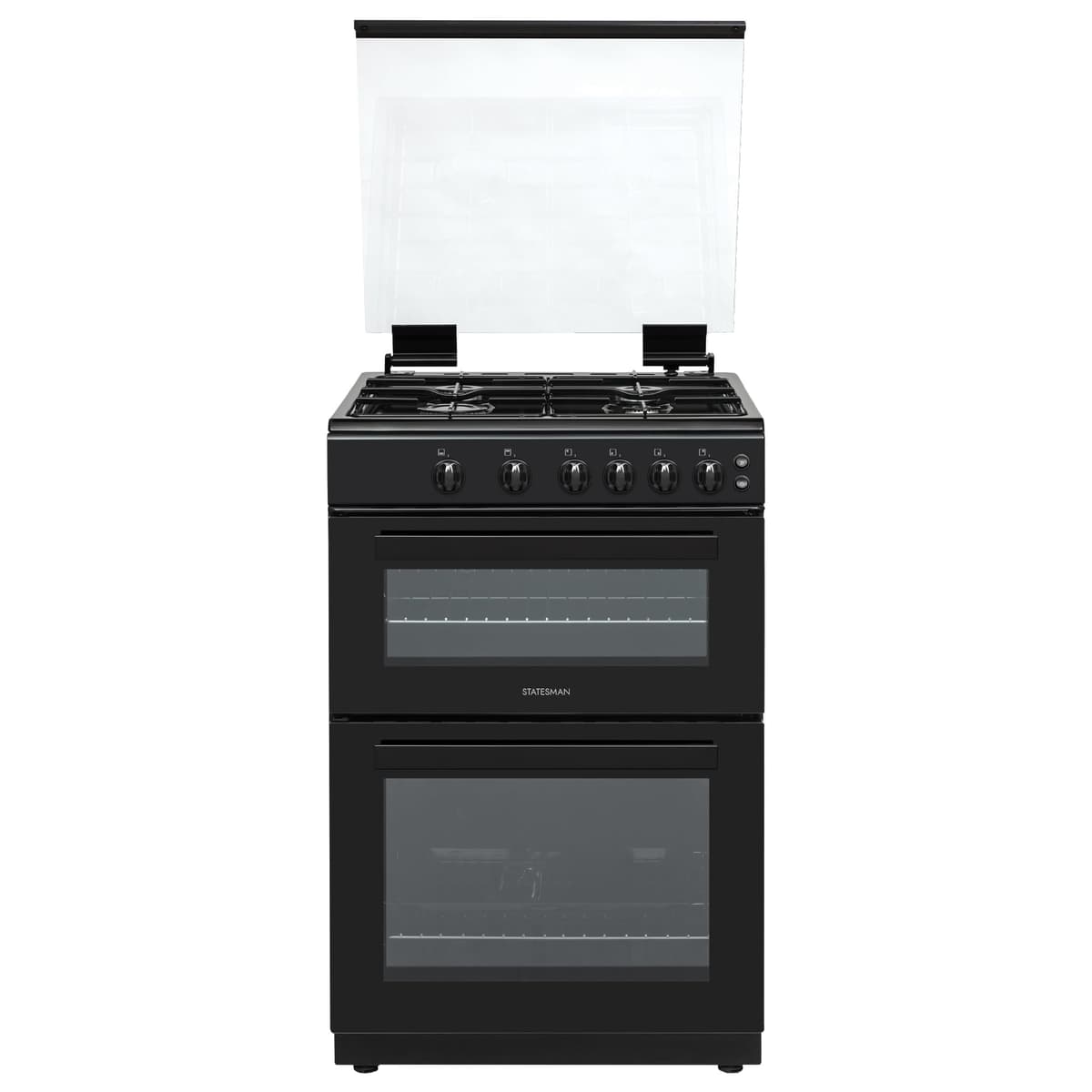 Statesman GDL60B Double Oven Gas Cooker with Glass Lid & Closed Door Grilling, 4 Gas Burners, 60cm Wide, Black