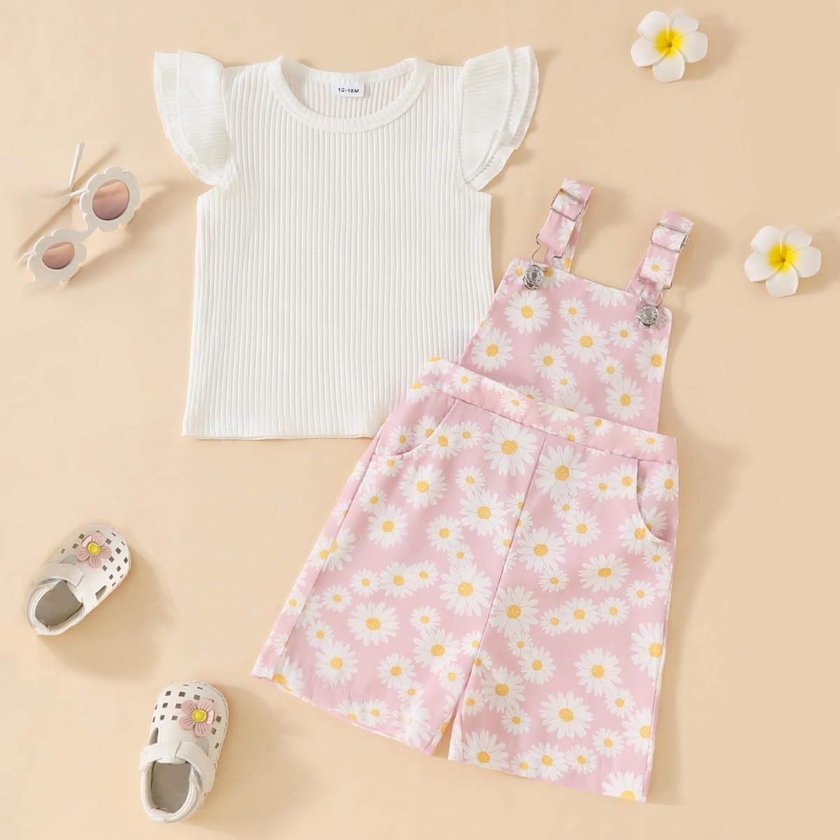Conjunto Ropa de Verano para Bebé Niña Top de Canalé con Volantes+ Estampado de Margaritas Pantalones Cortos con Peto Bretelles Adorable Infantil Trajes — view 6