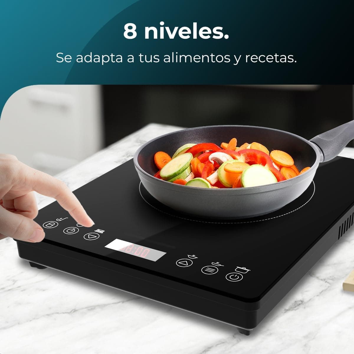 Cecotec Placa de Inducción Portátil 1 Fuego Full Magma Slim. 2000W de Potencia en 8 Niveles, Diseño en Cristal de Alta Resistencia, Display Táctil, Temporizador, Fácil Limpieza Negro | Slim — view 3
