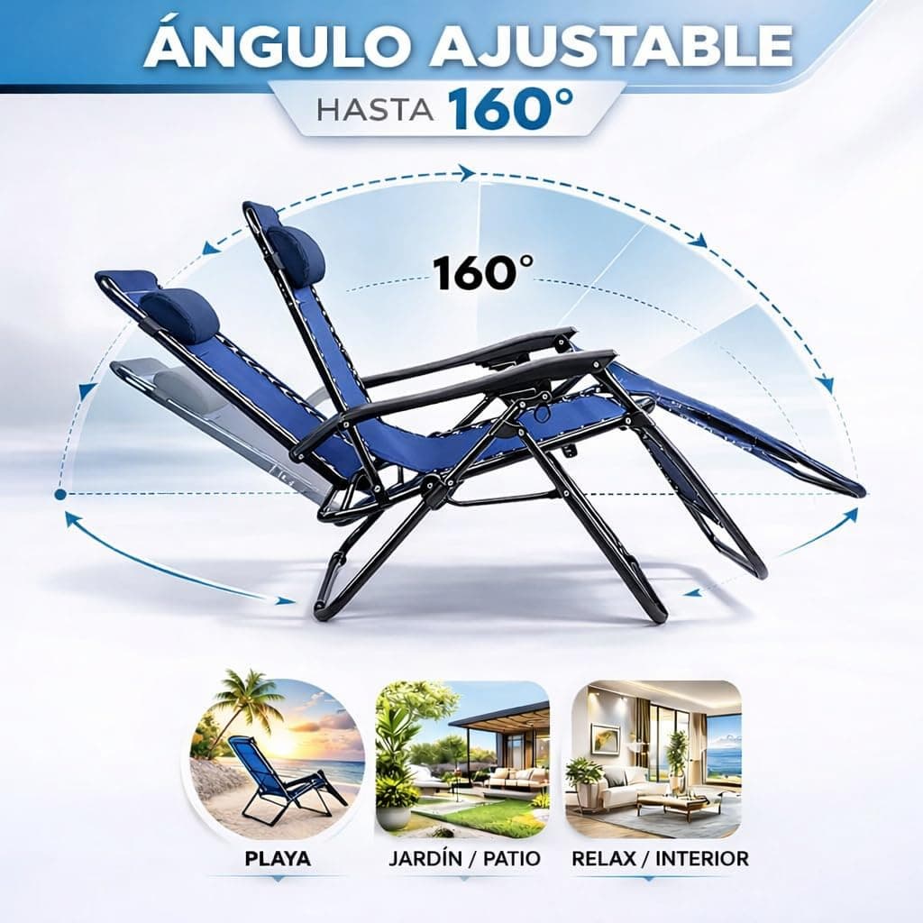 Pack 2 Tumbonas o Sillas de Exterior Plegables para jardín | Playa | Piscina o Terraza | Hamacas Reclinables Camping con Portavasos y Reposacabezas | Hasta 150kg | Silla plegable playa o Tumbona — view 4