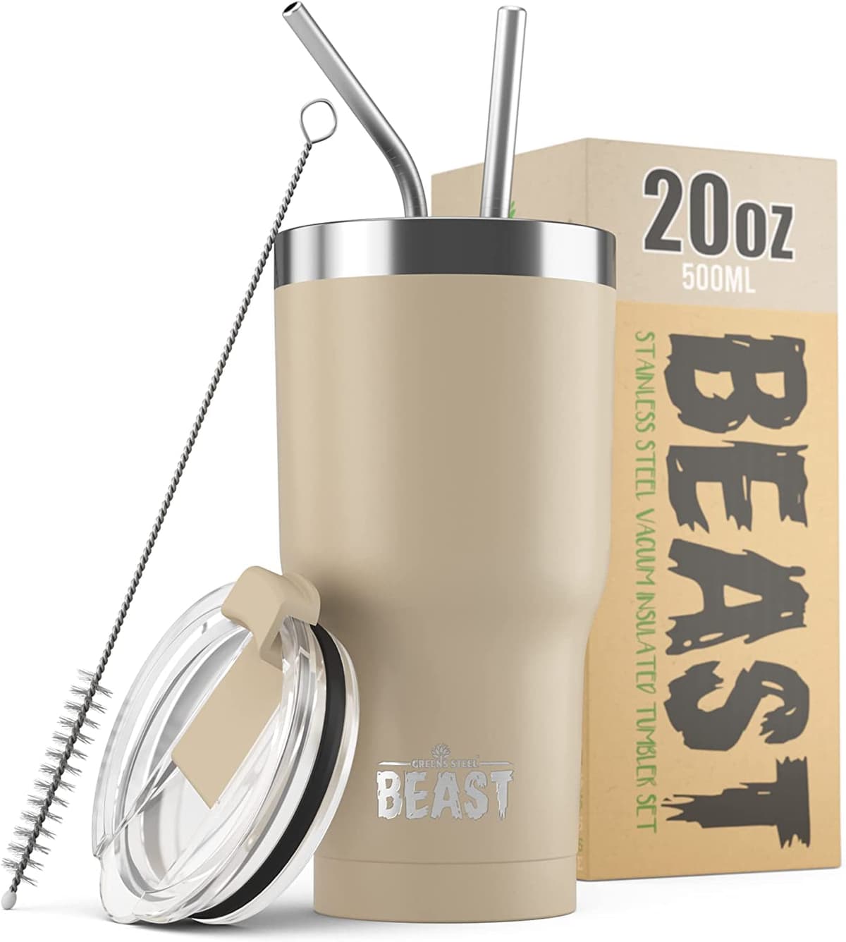Greens Steel Beast Tumbler – 550 ml (20 oz), Coral | Vaso de acero inoxidable reutilizable con aislamiento al vacío | con 2 pajitas y cepillo de limpieza | Termo de viaje de doble pared — view 83