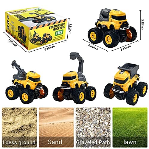 Construction Monster Truck Toys - 4pcs Excavator, Mixer, Crane, Dump Trucks Toy | Push and Go Friction Powered Cars Stunt Vehicles Playset | Kids Birthday Party Favors Gifts for 3+ Year Old Boys Girls — view 5