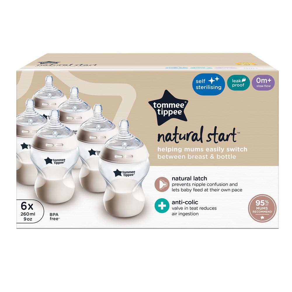 Tommee Tippee Natural Start Baby Bottles for 0m+, Pack of 6 260ml Baby Bottles, with Slow Flow Breast-Like Teat for a Natural Latch, Self-Sterilising and BPA Free, Baby Feeding Essentials — view 2
