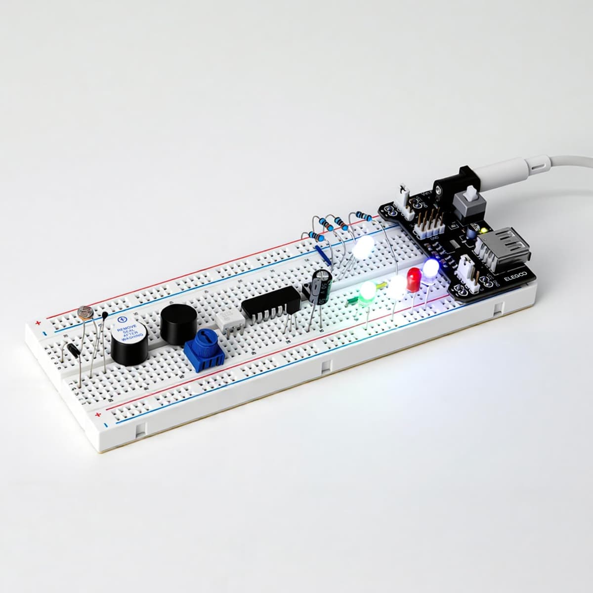 ELEGOO Kit Mejorado de Componentes Electrónicos con Módulo de Alimentación, Placa de Prototipos (Protoboard) de 830 Pines, Cables Puente, Potenciómetro, STM32, Raspberry Pi, para Arduino IDE — view 9