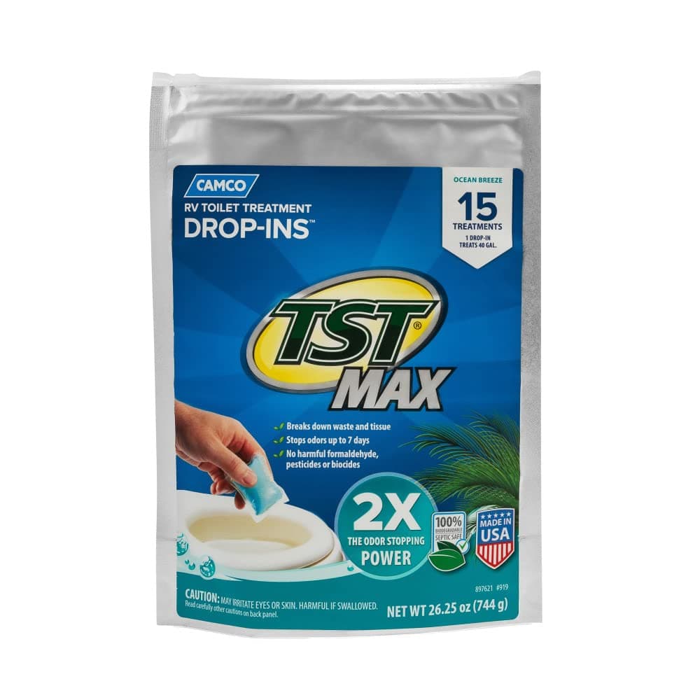 Camco TST MAX RV Toilet Treatment Drop-INs - Control Unwanted Odors & Break Down Waste and Tissue - Safe Septic Tank Treatment - Orange Scent, 30-Pack (41183) — view 12