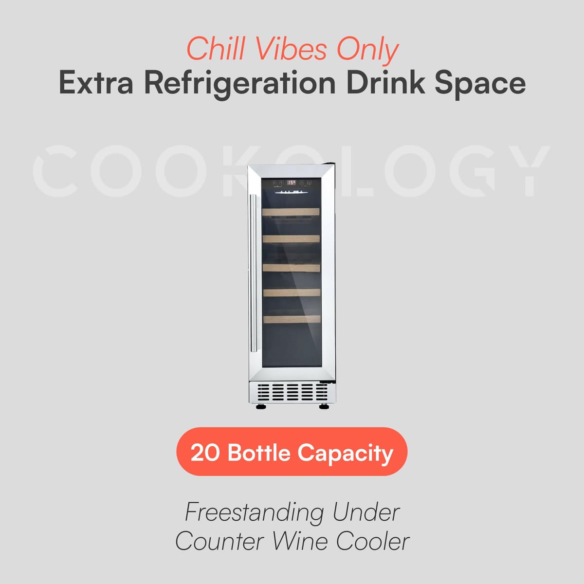 Cookology CWC300SS Freestanding Under Counter Fridge Cabinet 30cm Wine Cooler in Stainless Steel - 20 Bottle & 60 Litre Capacity - 5 Sliding Shelves - Digital Temperature Control - Reversible Door — view 2