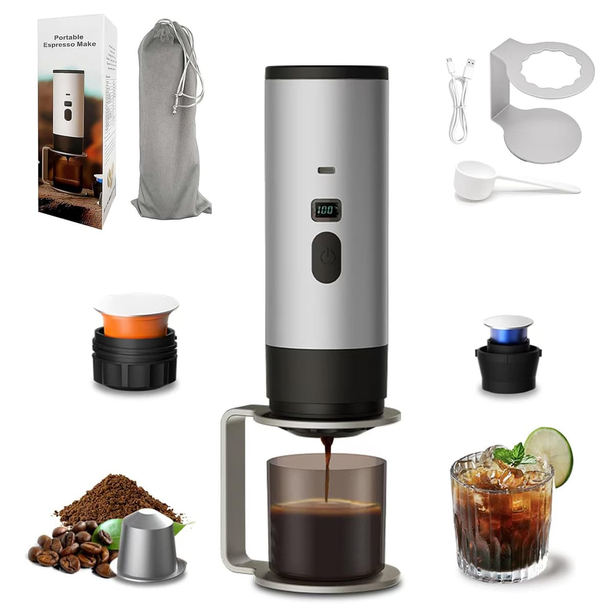 3-in-1 Portable Coffee Maker, 15 Bar Portable Espresso Machine with LED Display and 90ml Sink, Compatible with Ground Coffee & Capsules(Ns&DG) for RV, Hiking, Office, Auto-Heating, USB-C (Purple) — view 9