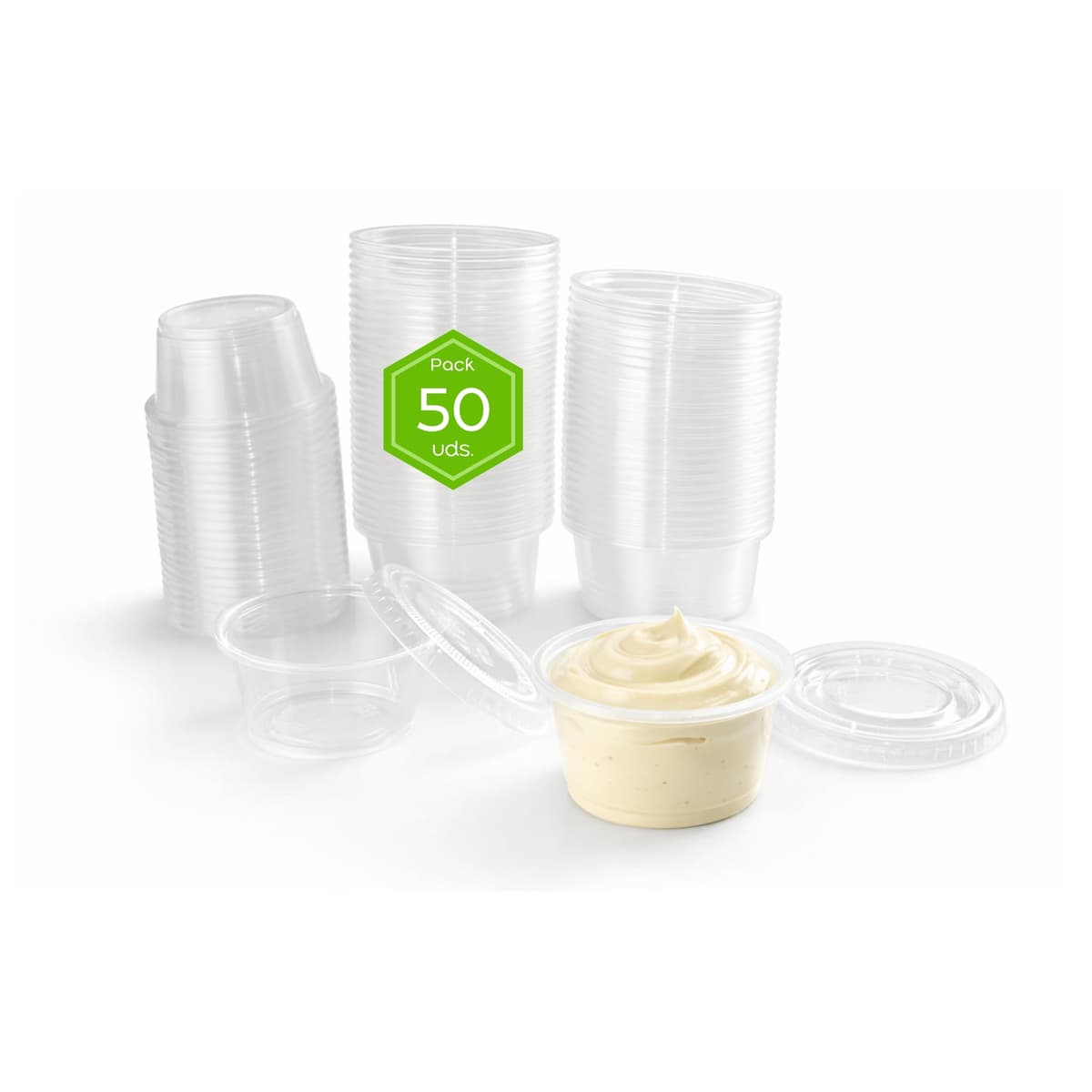 Salseros Plástico PET Transparente con Tapa – Mini Tapers de plástico 30ml 60ml 100ml – Envases Salsa Individuales Pack 100 300 1000 – Take Away Hostelería (50, Transparente, 60 cc)