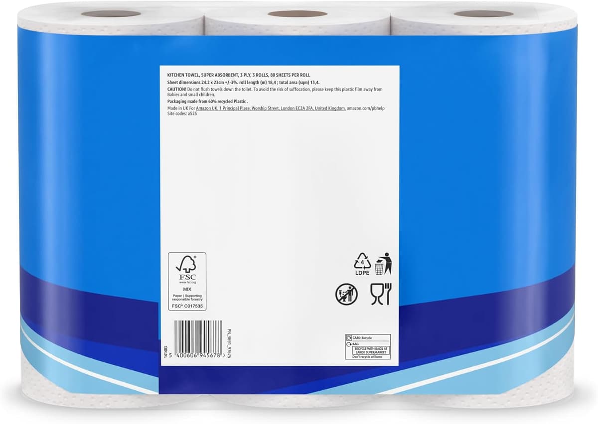 by Amazon Super Absorbent Kitchen Towel, 3-ply, 3 Rolls (1 Pack of 3), 80 Sheets per Roll, FSC Certified — view 6