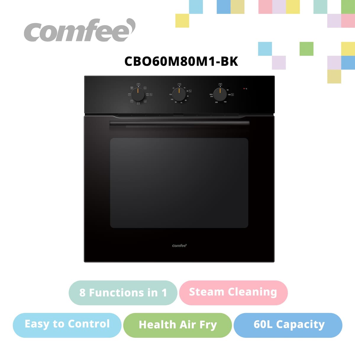COMFEE' 60L, 60cm Wide, Single Electric Built-in Fan Oven, 8 Function with Air Fry, Multiphase Cooking and Easy Cleaning Removable Door, Color Black - CBO60M80M1-BK — view 2