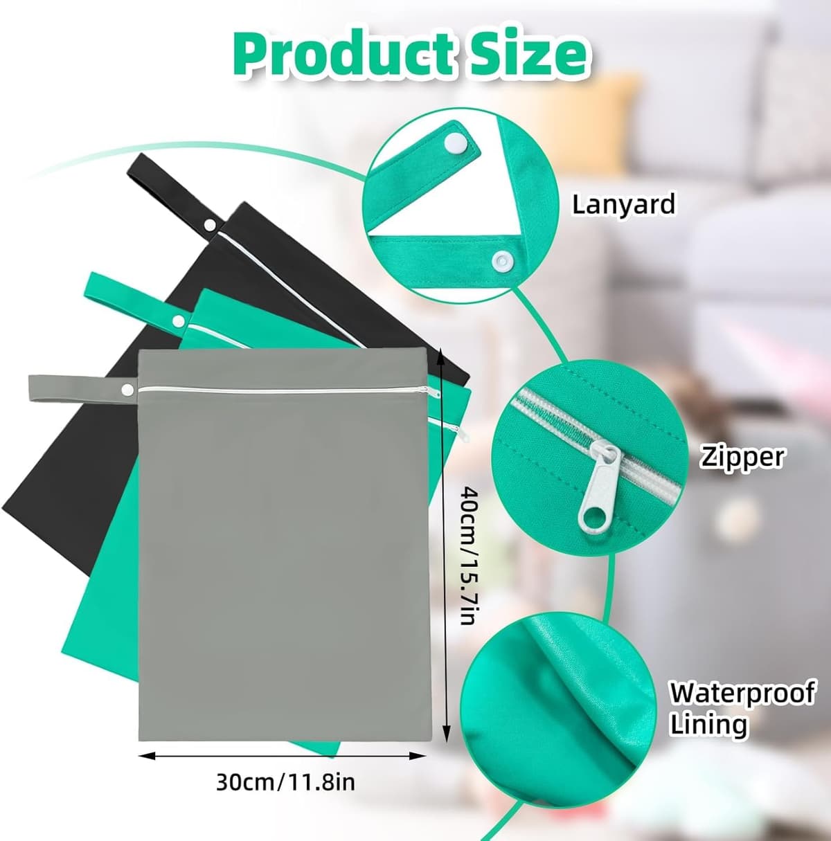 3 PCS Wet Bags, Reusable Cloth Diaper Bags with Handle and Zipper, 40 x 30 cm Wet Bags for Swimming Travel, Washable Wet Dry Bag for Travel, Beach, Camping, Swimming, Gym (Grey, Green, Black) — view 2