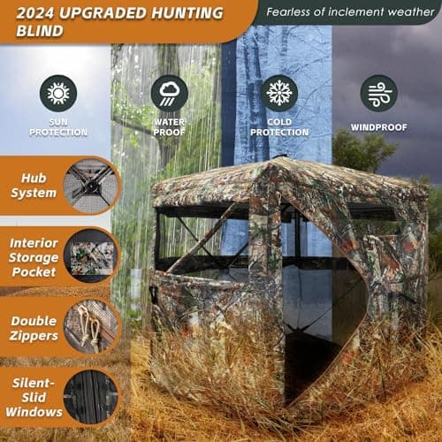 FUNHORUN Hunting Blind with Floor Mat, 360 Degree See Through Ground Blind for Deer/Turkey Hunting, 3/4 Person Pop Up Camouflage Tent with Carrying Bag — view 4