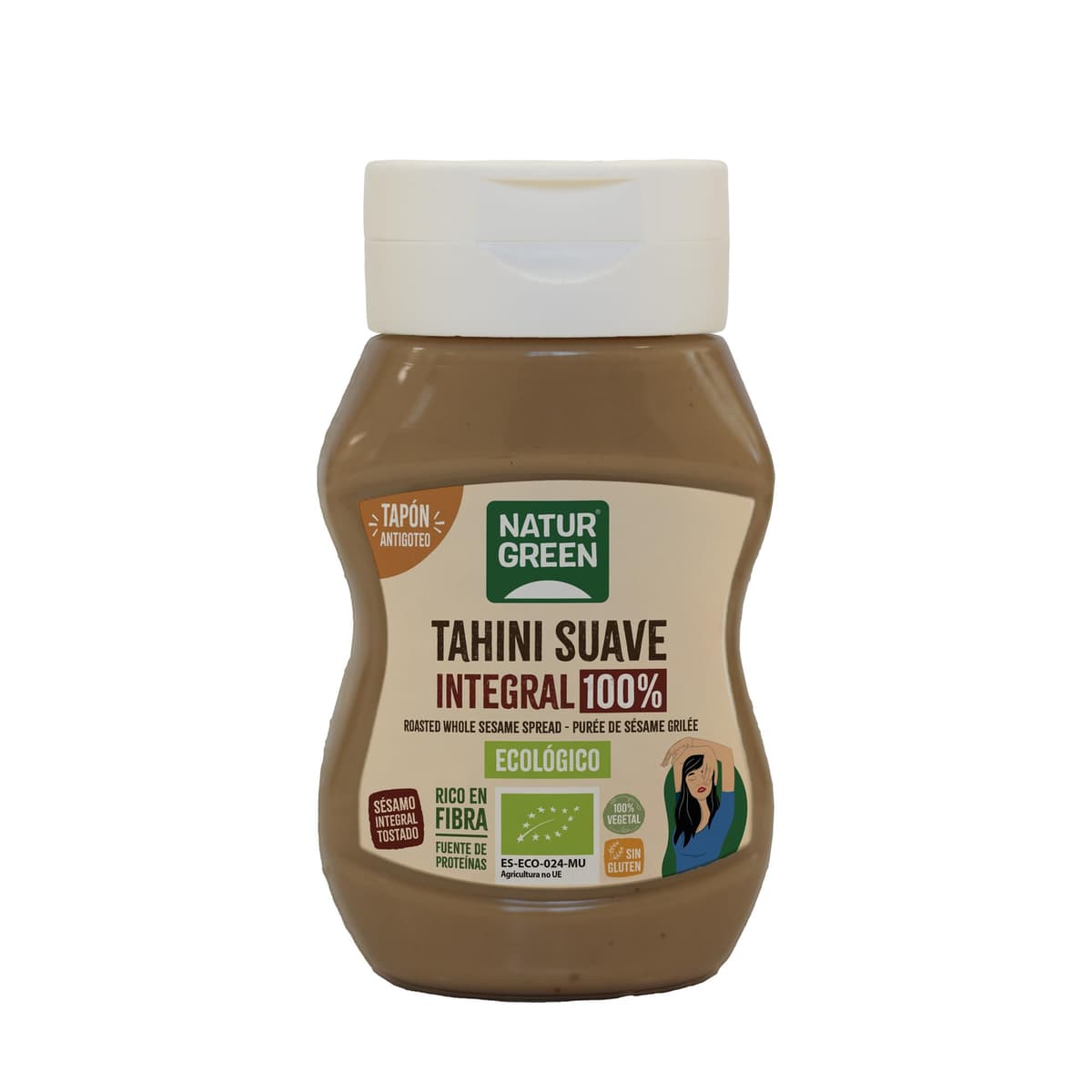 NaturGreen - Tahini Suave Integral Bio, 270 g, Tapón Antigoteo, Puré de Sésamo 100% Ecológico, Textura Cremosa, Rico en Fibra, Sin Gluten ni Azúcares, Fuente de Proteínas, Recetas Saludables