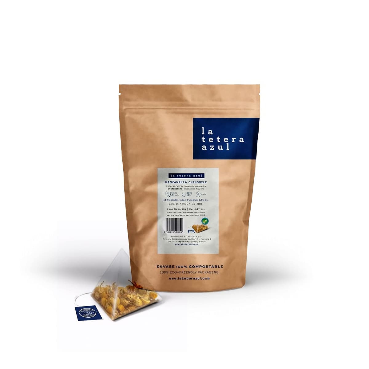 LA TETERA AZUL Infusión De Manzanilla Premium, Pura, Limpia, Sin Hojas Ni Tallos. 60 Pirámides. Infusión Digestiva Y Alivio Gases. Bolsa De 60 Pirámides.