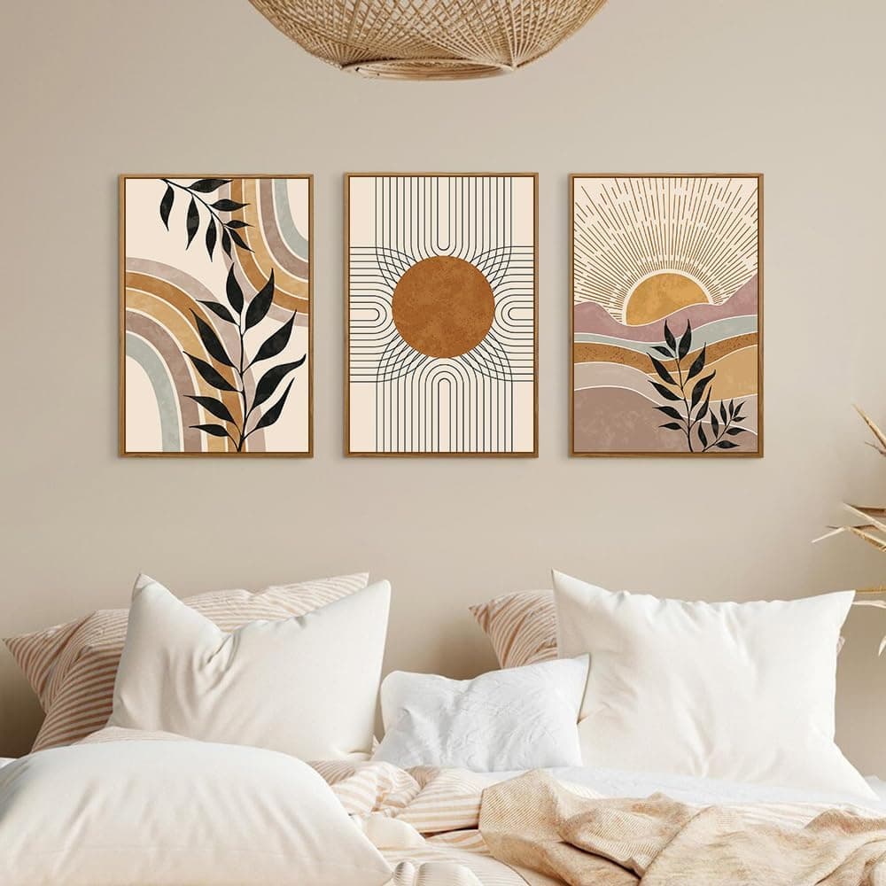TOARTi Boho Framed Canvas Wall Art Prints, Set of 3 Mid Century Modern Wall Decor, Nature Plants Desert Sun Art Paintings, Bohemian Artwork for Living Room, Bedroom, Dining Room, Office - 12x16 x3 — view 3