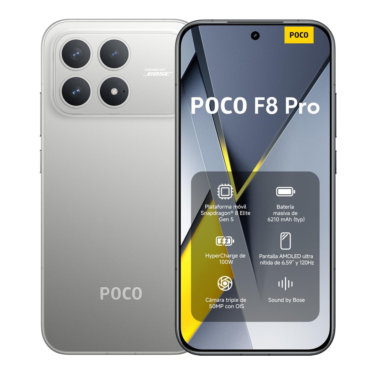 XIAOMI POCO F8 Pro - Smartphone 12+512GB, Triple Camera 50MP with OIS, 6.59" 120Hz AMOLED Screen, Snapdragon 8 Elite, Hypercharge 100W, Charger Not Included, Titanium Silver (ES Version)