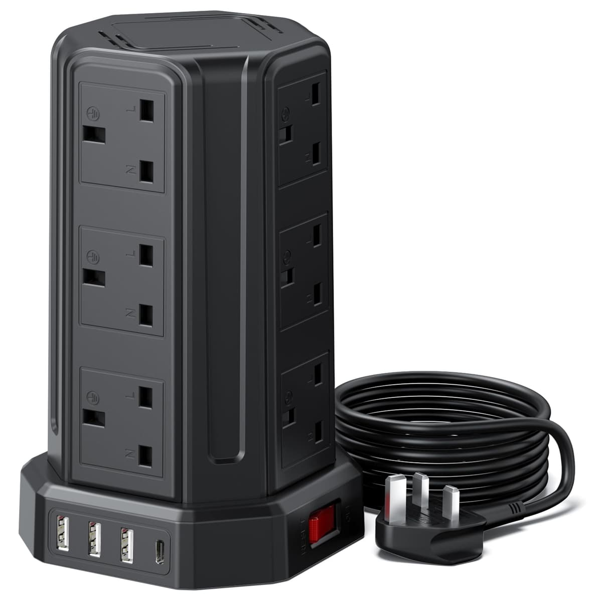 Tower Extension Lead, Aodeng 12 Way Extension Tower Multi Plug Extension Sockets with 4 USB Slots, [13A 3250W] Surge Protector Long Extension cable for Home, Office, Kitchen — view 7