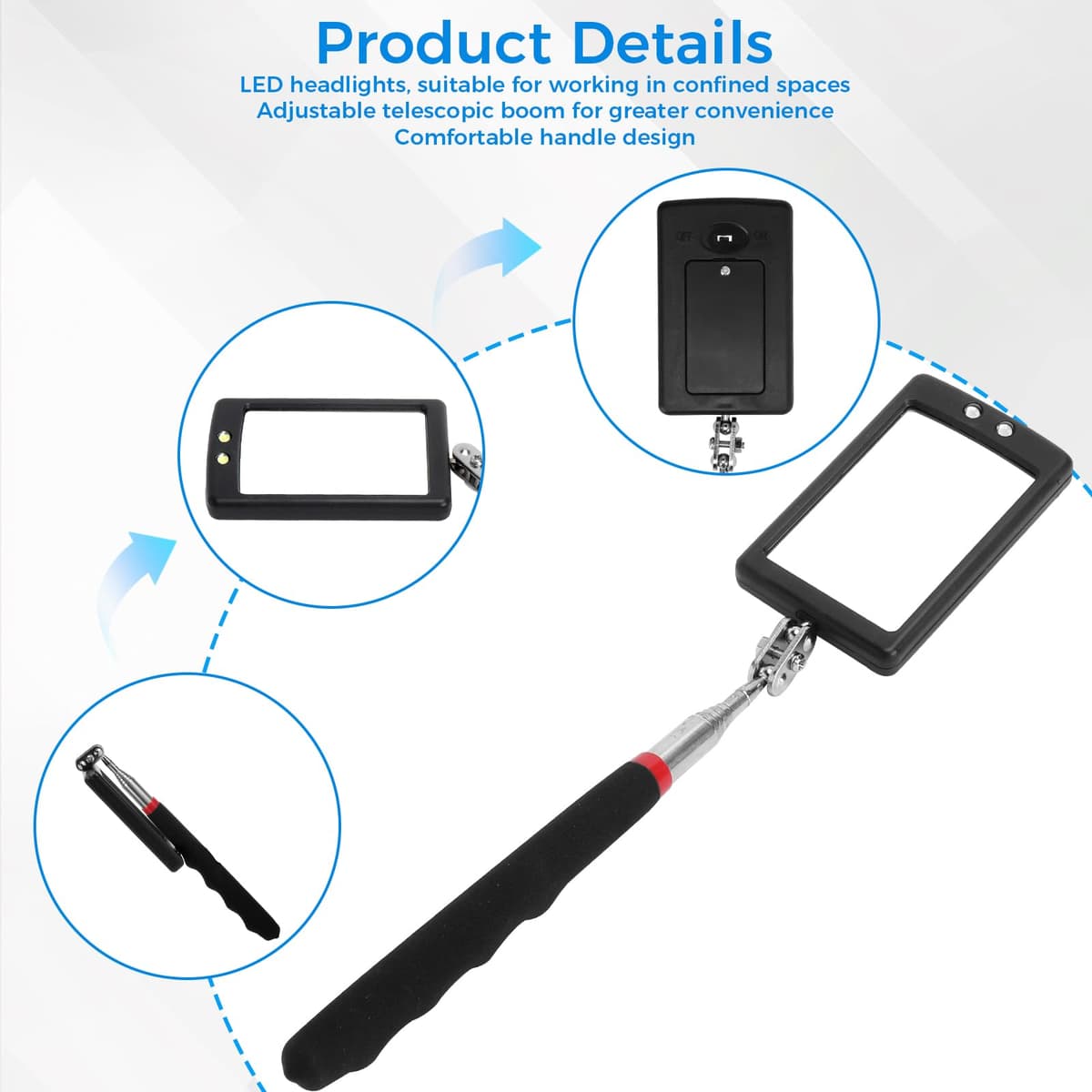 TNSLAND 2 PCS Espejo de Inspección Telescópico con LED, Espejo 360 Grados con Luz, Espejo Telescópico Extensible 80 cm con Iluminación para Inspección Bajo el Coche, Taller, Espacios Estrechos — view 4