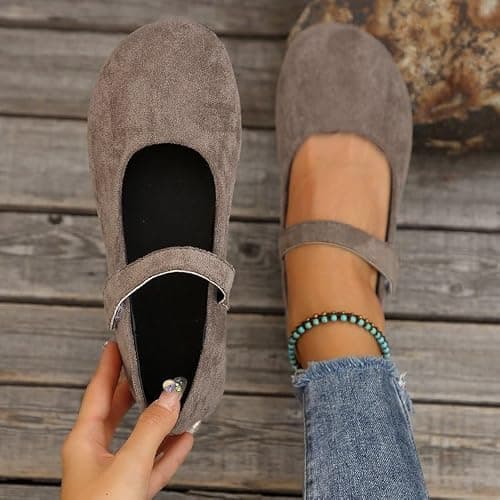 Women's Suede Mary Jane Round Toe Ballet Shoes, with Straps Lightweight Breathable Comfortable Dressy Shoe (Black,8.5) — view 5
