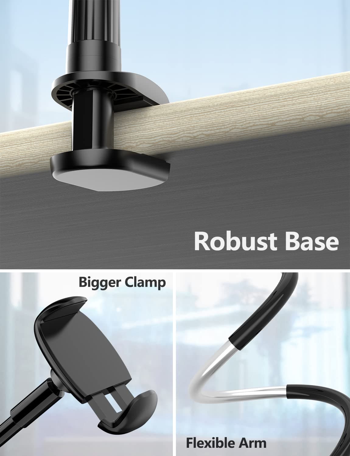 TRYONE Gooseneck Phone Holder Stand for Bed Flexible Arm Adjustable Cell Phones Mount Clamp on Desk Bedframe Compatible with iPhone 14 Pro Max 13 12 11 X SE Series/Samsung S22 or Other 4"-7" Devices — view 6