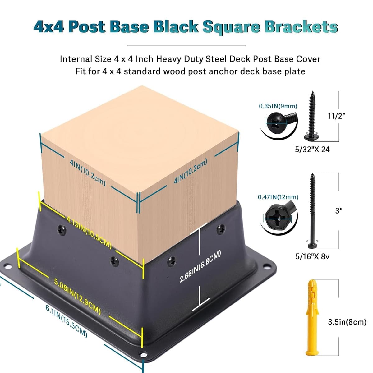 4 x 4 Post Base, 1 Pcs (Inner Size 4"x4"Deck Post Base) Fence Post Anchor Black Powder-Coated Deck Post Base Fit 4"x4" Standard Wood Post Anchor for Deck Porch Handrail Railing Support — view 3