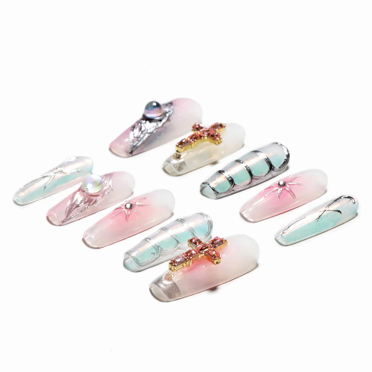 Sun&Beam Nails Handmade Press On Nail Long Coffin Ballerina Pink Flower Acrylic Fake Tip 3D Design Art Charms Cute with Storage Box 10 Pcs (S) — view 284