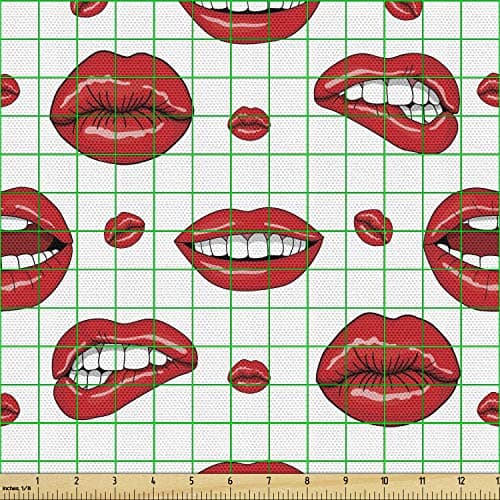 Ambesonne Vintage Fabric by The Yard, Various Women Lip Forms in Several Gestures Sad Nervous Happy Female Print, Decorative Fabric for Upholstery and Home Accents, 1 Yard, White Vermilion