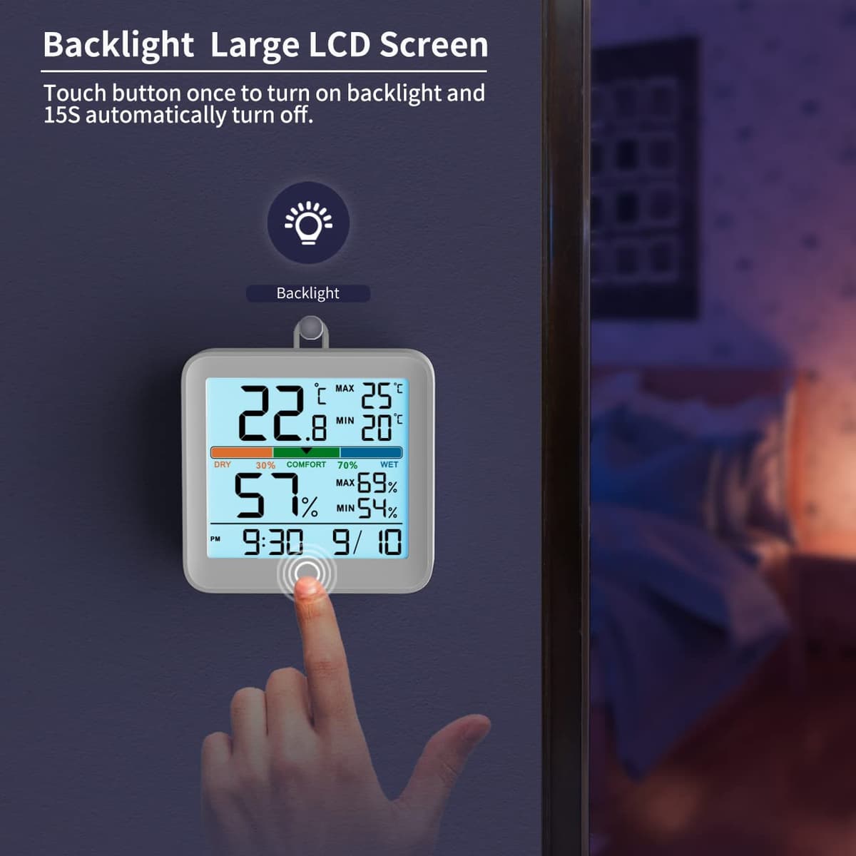 NOKLEAD Higrómetro Termómetro para interiores - Medidor digital de humedad de la habitación Medidor de monitor de temperatura preciso Registros máximos/mínimos, LCD táctil con reloj retroiluminado — view 2